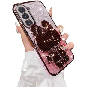 for Samsung Galaxy S24 Fe Case for Women Girls,Cute Hidden Rabbit Mirror Kickstand,Plating Soft Clear TPU with Camera Lens Protector,Luxury Bling Glitter Layer Girly Phone Case for Samsung S24FE Pink