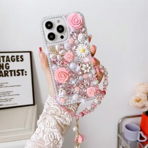 for iPhone 16 Pro Max Bling Case,Luxury Crystal Rhinestone Flowers Glitter Diamond Pearl Women Girls Kids Case Cover with Lanyard for iPhone 16 Pro Max 6.9 inch