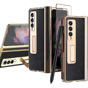 NINKI Compatible Samsung Galaxy Z Fold 3 Case with Hinge Protection &S Pen Slot,Luxury Leather Cover with Screen Protector Case for Samsung Z Fold 3 Phone Case,Samsung Z Fold 3 5g Case with Ring Black