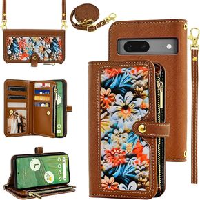 Floral Wallet Case for Google Pixel 7 5G with Wrist Strap Shoulder Strap Flip Zipper Purse, Luxury PU Leather Credit ID Card Holder Stand Cell Phone Cover for Pixel7 Pixle Seven 6.3 Women Brown