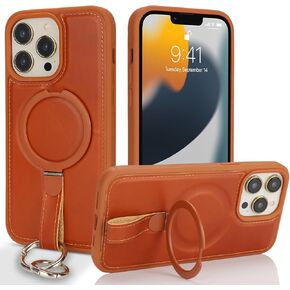 Zouzt for iPhone 13 Pro Max/ 12 Pro Max 6.7 Inch Case Genuine Cowhide Leather Compatible with MagSafe Wireless Charging Ring Holder Kickstand and Keychain Shockproof Phone Cover for Men Women-A-Brown