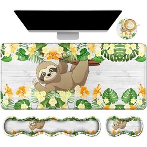 4Pcs Memory Foam Keyboard Mouse Wrist Rest Pad + Gaming Desk Mat 31.5" * 11.8" with Stitched Edges + Mouse Wrist Cushion + Coasters Set, Non-Slip Desk Pad Protector for Laptop Computer, Leaf