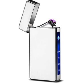 Dual Arc Plasma Lighter USB-C Rechargeable - Windproof Electric Lighter with Safety Lock, Battery Indicator, Zinc Alloy Body | Camping/Candel/Gift (ICY Silver)