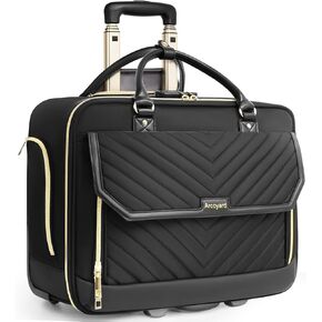 Rolling Laptop Bag for Women, 17.3 Inch Briefcase with Wheels, Anti Theft Computer Bags with Leather Handle, Roller Work Tote Bag for Teacher, Airline Approved, TSA Friendly, Large, Black