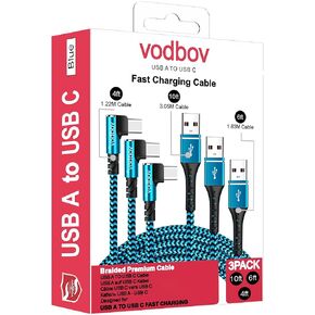 Vodbov USB to USB C 90 Degree Braided Cable Right Angle 4ft 6ft 10ft Multi Length Fast Charging Cord Samsung end Galaxy S20 5G Android Devices Blue