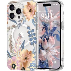Magnetic for iPhone 14 Pro Max Case Floral, Cute Luxury Clear Flower Cover for Women Girls Soft Elegant Plating [Compatible with Magsafe] Protective Phone Case for iPhone 14 Pro Max, Blossom