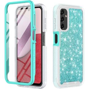 TJS Compatible for Samsung Galaxy A14 5G Case, with [Built-in Screen Protector], Full-Body Drop Protector Cover Glitter Bling Cute Girls Women Design Hybrid Phone Case (Teal)