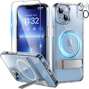 Magnetic Case for iPhone 14 Plus Case with Screen Protector, (with Slim Kickstand + Camera Protector) Compatible with Magsafe Shockproof Translucent Matte Cases Phone Case Cover 6.7Inch, Clear