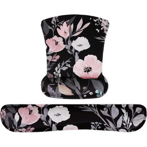 MOSISO Mouse Pad & Keyboard Wrist Rest Support Set, Floral Illustration Ergonomic Mousepad Non-Slip Base Home/Office Pain Relief & Easy Typing Cushion with Neoprene Cloth & Raised Memory Foam, Black