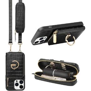 CUSTYPE for iPhone 14 Pro Phone Case Wallet with Strap Wrist for Women, Crossbody Purse Case with Card Holder Lipstick Pouch, Protective Leather Case with Ring for Apple 14 Pro 6.1inch, Black