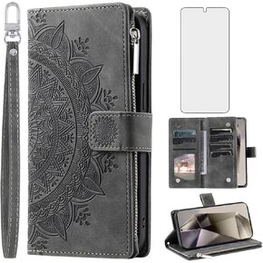Phone Case for Samsung Galaxy S24 Ultra 5G Wallet Cover With Tempered Glass Screen Protector and Wrist Strap Mandala Flower Flip Zipper Card Holder Cell S24Ultra 24S S 24 24Ultra Women Men Grey