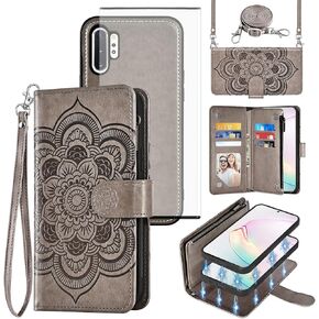 Asuwish Phone Case for Samsung Galaxy Note 10 Plus Note10+ 5G Zipper Wallet Detachable Cell Cover with Screen Protector Strap Flower Card Holder Note10 + Notes 10+ Ten Not S10 10Plus Women Girls Gray