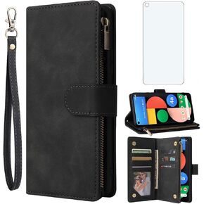 Asuwish Compatible with Google Pixel 4a 5G Wallet Case Tempered Glass Screen Protector and Leather Flip Cover Card Holder Stand Cell Accessories Phone Cases for Pixel4a Pixle a4 2020 Women Men Black