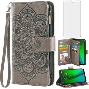 Asuwish Phone Case for Moto G7/G7+/Revvlry Plus Wallet Cover with Tempered Glass Screen Protector and Flip Card Holder Stand Cell Motorola G7Plus Moto7 XT1962-1 G 7 7G Tmobile Revvlry+6 Women Men Grey