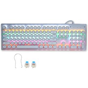 Acogedor Mechanical Gaming Keyboard, Retro Steampunk Typewriter Keyboard, 104 Keys USB Wired Mixed Light Backlit Keyboard with Round Keycaps(White)
