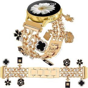 Cuban Chain Band Compatible with Samsung Galaxy Watch 7 FE 6 5 4 40/44mm,Galaxy Watch 5 Pro,Watch 6 4 Classic,Bling Diamond Chain Metal Wristband with Cute Charms Pendants Women 20mm