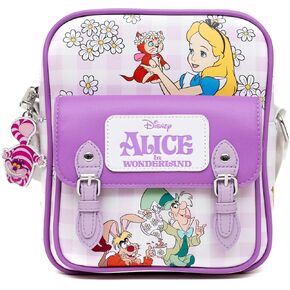 Disney Vegan Leather Crossbody Backpack with Adjustable Strap, Alice in Wonderland Tea Party and Garden Flowers Poses Gingham Lavender
