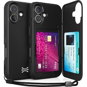 TORU CX Slim for iPhone 16 Case Wallet | Protective Shockproof Heavy Duty Cover with Hidden Card Holder & Card Slot | Mirror & Wrist Strap Included - Black