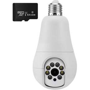 Wireless Light Bulb Security Camera Light Socket WiFi 360 Degree PTZ Home Camera Floodlight Night Vision Motion Detection Auto Tracking 64GB Micro SD Card Included Compatible with Alexa