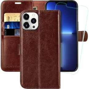 MONASAY Wallet Case Compatible for iPhone 13 Pro Max 5G, 6.7-inch, [Glass Screen Protector Included] [RFID Blocking] Flip Folio Leather Cell Phone Cover with Credit Card Holder, Brown