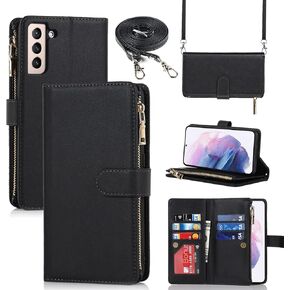 Jaorty for Samsung Galaxy S21 Plus / S21+ Wallet Case for Women with Card Holder,Galaxy S21 Plus Crossbody Phone Cases with Shouler Strap,Zipper Pocket PU Leather Kickstand Purse,6.7" Black