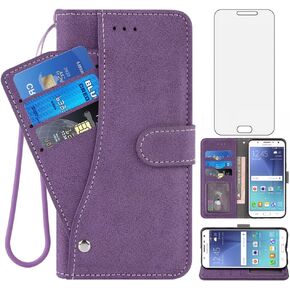Compatible with Samsung Galaxy J7 2015/J7 Neo/J7 Nxt/J7 Core/7J Duos Wallet Case and Tempered Glass Screen Protector Flip Credit Card Holder Cell Phone Cover for SM J700 J700P J700T J00T1 J700M Purple