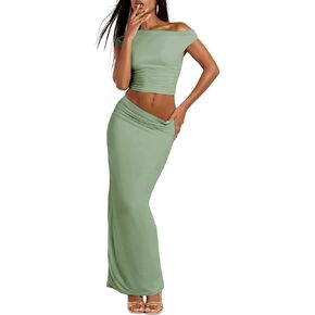 Women's Elegant Sexy 2 Piece Outfits Mesh One Off Shoulder Ruched Crop Top and Maxi Skirt Long Bodycon Skirt Sets