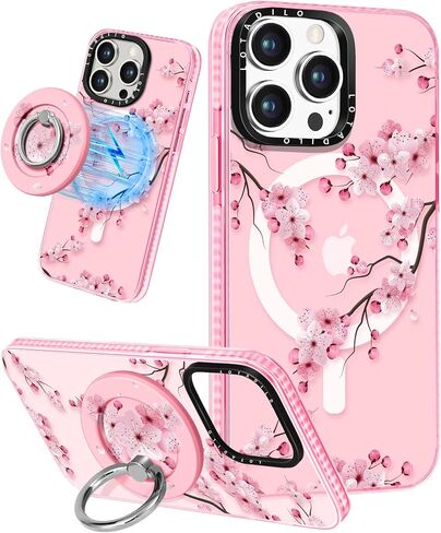 لجهاز iPhone 14 Pro Max Case for Women - Design Design Girls متوافق مع Magsafe Magnetic Ring Holder Stand Peach Blossom Phone in Saudi Arabia