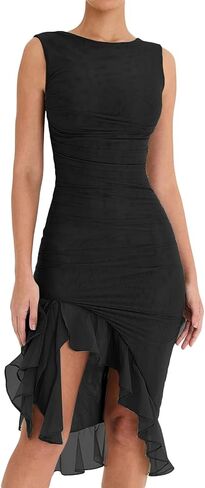Women Sleeveless Ruffle Hem Midi Bodycon Dress Y2K Vintage Tulle Tank Dress 2023 Party Cocktail Dresses in Saudi Arabia