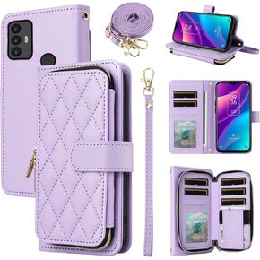 Argyle Wallet Case for TCL 30 SE/30E/306/305 with Wrist Strap Shoulder Strap, 9+ Card Slots Zipper Purse Luxury PU Leather Stand Cell Phone Cover for TCL30SE 30SE 2022 6.52 6165S Purple