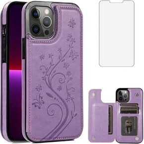 Phone Case for iPhone 13 Pro Max 2021 6.7 inch with Tempered Glass Screen Protector Card Holder Wallet Cover Stand Flip Leather Cell iPhone13promax 5G i Phone13Max Plus iPhone13 ProMax Cases Purple