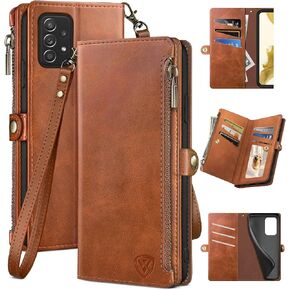 XcaseBar for Samsung Galaxy A53 5G Wallet case with Zipper 【RFID Blocking】 Credit Card Holder, Flip Folio Book PU Leather Phone case Shockproof Cover Women Men for Samsung A53 case Light Brown