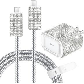 Aolcev for iPhone Charger Fast Charging Bling USB C Charger Block 20W Type C Charger Cable Fast Charging Blocks with USB C Cable for iPhone 16 15/16 Pro/ 16 Pro Max iPad USB C Wall Charger for Women