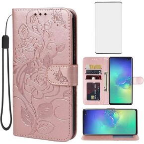 Case for Galaxy S10 Plus, Samsung S10+ SM-G975U Wallet Case with Tempered Glass Screen Protector, Flower Leather Flip Credit Card Holder Stand Phone Cover for Samsung Galaxy S10+ Rose Gold