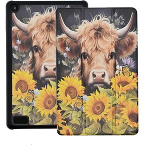 Case for Kindle Fire 7 Tablet 2019 2017 Release 9th 7th Generation, Lightweight PU Leather Stand Protective Cover with Auto Sleep Wake, Highland Cow