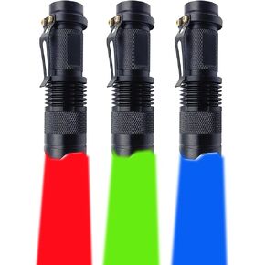 3 Color Light Single Mode Flashlight Set: Red Light Flashlight, Green Light Flashlight, Blue Light Flashlight Multicolored Light Flashlights for Night Activities, 3-Pack