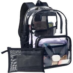 Gloppie Clear Backpack for Women Men Heavy Duty Backpacks Large Bookbag Transparent TPU Back Pack with Pencil Bag Adult See Through Backpack Black