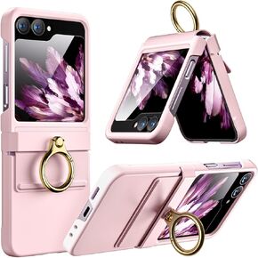 Hoerrye for Samsung Galaxy Z Flip 6 Case [Ring ＆ Stand 2 in 1] [Hinge Protection] [Built-in Front Screen Protector] Skin-Friendly Cute Slim Wireless Charging Shockproof Phone Cover- Pink