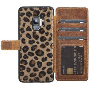 Venito Verona Leather Phone Case Compatible with Samsung Galaxy S9 (5.8 inch) - RFID Blocking Snap-On Flip Back Cover Slim Phone Wallet Case (Furry Leopard)