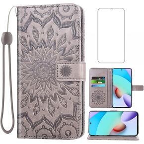 Phone Case for Xiaomi Redmi 10/Redmi10 Prime Wallet Cases with Tempered Glass Screen Protector and Sunflower Leather Slim Flip Cover Card Holder Stand Cell Accessories Redme 10 2022 Women Men Gray