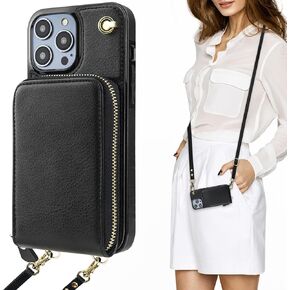 KIHUWEY Crossbody Wallet Case for iPhone 14 Pro, Zipper Pocket Case with Card Holder, PU Leather RFID Blocking Protective Cover Case with Kickstand Detachable Wrist Strap Lanyard 6.1" (Brown)