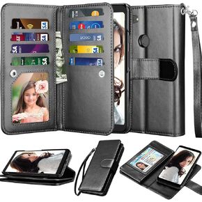 NJJEX Google Pixel 3a Wallet Case, 2019 Google Pixel 3a Case, [9 Card Slots] PU Leather ID Credit Holder Folio Flip [Detachable][Kickstand] Magnetic Phone Cover & Lanyard for Google Pixel 3A [Black]