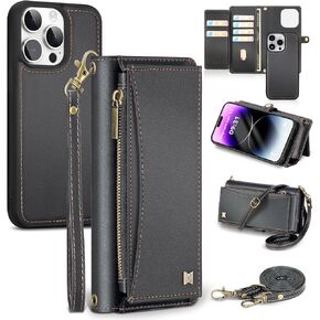 for iPhone 14 Pro Max Wallet Case with Card Holder/Crossbody Wallet/Strap,[RFID Blocking][Magnetic] PU Leather Shockproof Protective Cover iPhone 14 Pro Max Phone Case 6.7",Black
