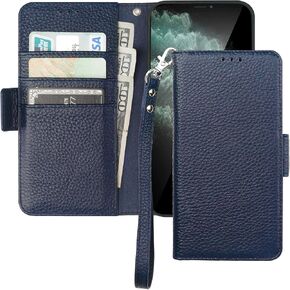 Bocasal Wallet Case for iPhone 11, Genuine Leather Support Wireless Charging RFID Blocking Flip Case Card Slots Holder, Kickstand Book Folding Folio Cover with Wrist Strap 6.1 Inch (Dark Blue)
