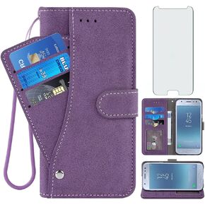 Compatible with Samsung Galaxy J3 Luna Pro J 3 Prime 2017 Emerge 3J Eclipse Mission Wallet Phone Case Tempered Glass Screen Protector Flip Cover Credit Card Holder Cell for Glaxay S327VL Women Purple