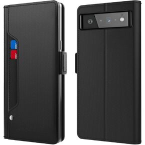 Pixel 6 Pro Leather Flip Case with Card Slot, Mirror & Kickstand (Black)