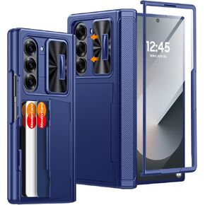 for Galaxy Z Fold 6 Case with Card Holder, RFID Blocking Wallet Case, Slide Camera Cover, Hinge Protection, Front Screen Protector, Full-Body Shockproof Protection Case for Z Fold 6-Dark Blue