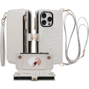 Crossbody Wallet Case for iPhone 15 Pro with Mirror, Wrist Strap, Zipper Purse Magnetic Flip RFID Blocking Card Holder, Wireless Charging, PU Leather Shockproof 6.1" Women (White)
