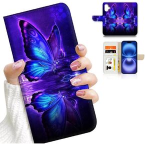 for iPhone 16, Art Designed Flip Wallet Style Cover Case Fancy Flower Full Body Protection AD003 (#24885 Butterfly)