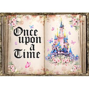 LYCGS 7X5ft Once Upon a Time Backdrop Fairy Tale Books Backdrop Pink Floral Butterfly Colored Castle Princess Fairytale Birthday Party Backdrop Girls First Birthday Party Decoration X-174